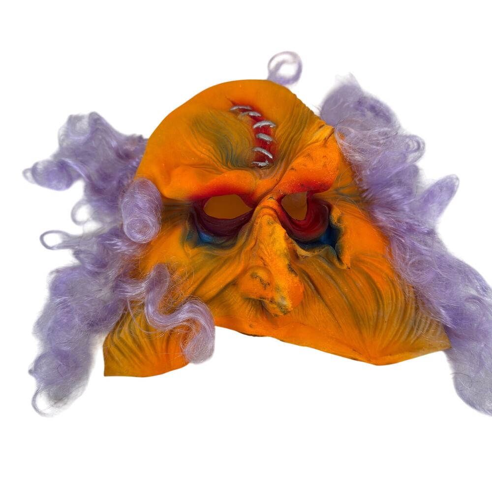 Vintage Ghoul Witch Half Mask Orange Face With Purple Hair Scar On Head